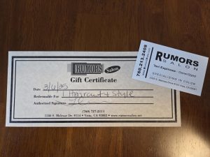 Rumors Hair Salon (Teri Espinoza-Vista)            Gift Certificate -Free hair cut and style