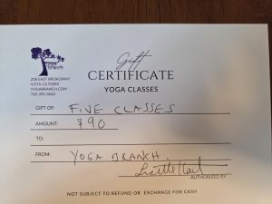 Gift Certificate from Yoga Branch Studio for 5 Yoga Classes. Value $90