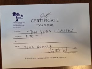 Gift Certificate for 10 Yoga classes from Yoga Branch Studio.  