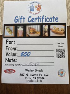 2 $50 Gift Certificates to the Water Shack